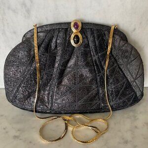JUDITH LIEBER Vintage Minaudière Black Metallic Suede Gemstone Clasp Purse